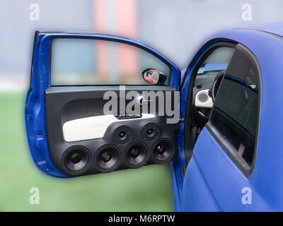 blue car with a powerful hi-fi system Stock Photo