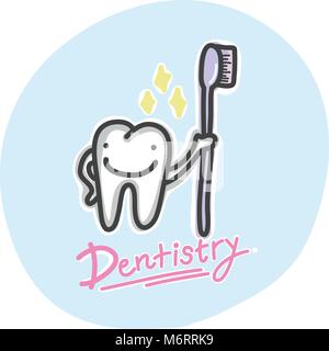 The cartoon character tooth is clean with toothbrush and smile is happy. Vector illustration. Stock Vector