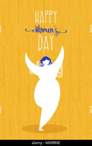 Happy women's day celebration greeting card design. Cute curvy girl dancing in simple flat style. EPS10 vector. Stock Vector