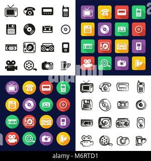 Old Technology All in One Icons Black & White Color Flat Design Freehand Set Stock Vector