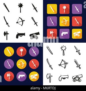 Old Weapons All in One Icons Black & White Color Flat Design Freehand Set Stock Vector