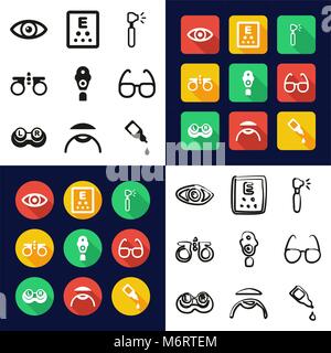 Optometry All in One Icons Black & White Color Flat Design Freehand Set Stock Vector
