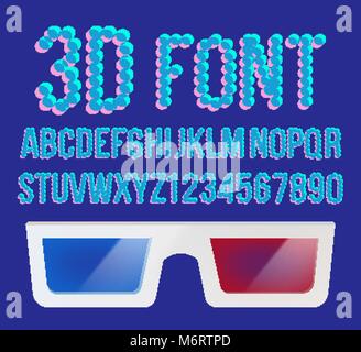 3D Font Pixel Vector. Holographic 3D Effect Font. Stereo Distorted Vision. Illustration Stock Vector