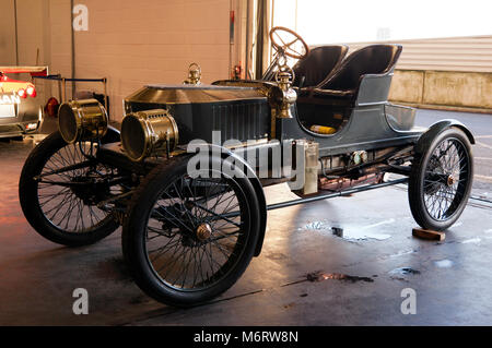 Side view of a 1907  Stanley H5 Roadster  steam car, on display in the Paddock, at the 2018 London Classic Car Show Stock Photo