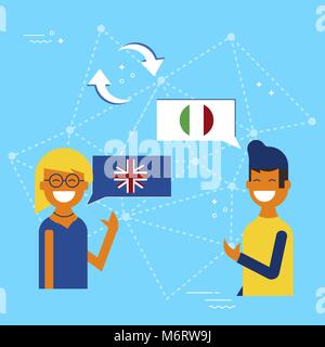 Friends from England and Italy translating online conversation. International communications translation concept illustration. EPS10 vector. Stock Vector