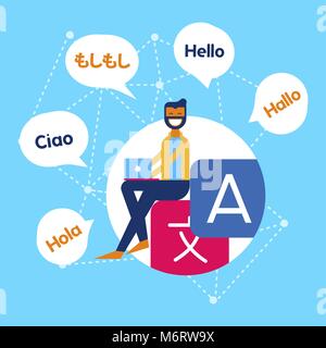 Translation service online concept illustration. Man on computer using translating app in social media site. EPS10 vector. Stock Vector