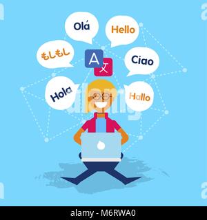 Multi language translator concept illustration. Girl on computer talking different languages using translation app. EPS10 vector. Stock Vector