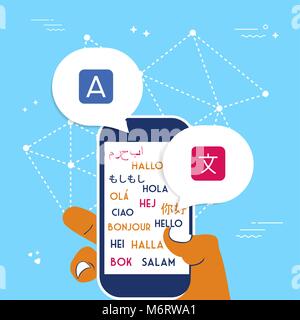 International translation communication concept illustration. Person hand using phone for translating app service. EPS10 vector. Stock Vector
