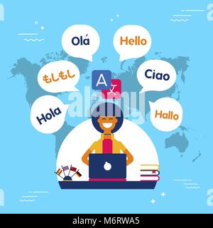 Multi language translator concept illustration. Girl on computer talking different languages using translation app. EPS10 vector. Stock Vector