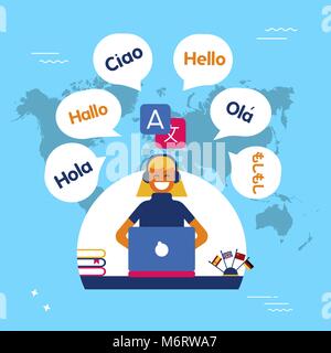 Translation service online concept illustration. Girl on computer using translating app in social media site. EPS10 vector. Stock Vector
