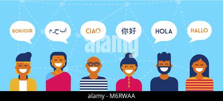 Diverse group of people talking in different languages. Multi cultural team concept illustration ideal for web banner. EPS10 vector. Stock Vector