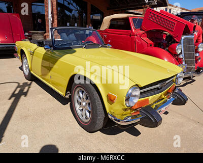 1975 Triumph TR6 convertible sports car on display at a vintage British classic car club show in Pike Road, Alabama, USA. Stock Photo