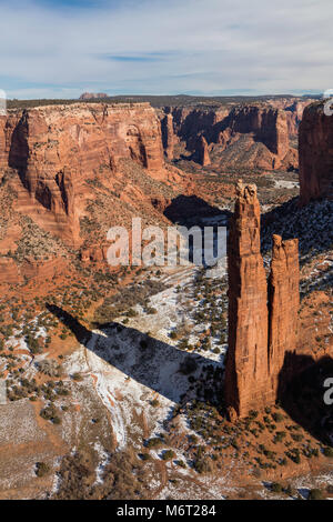 Spider Rock in winter from overlook, Canyon de Chelly National Monument, Arizona Stock Photo