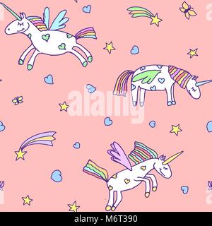 Vector illustration of seamless pattern from cute unicorns on pink background Stock Vector