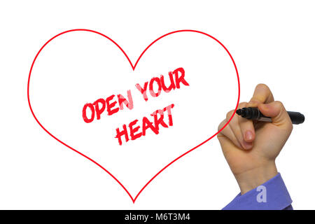 Man Hand writing Open your heart with marker on transparent wipe board. Isolated on white. Stock Photo