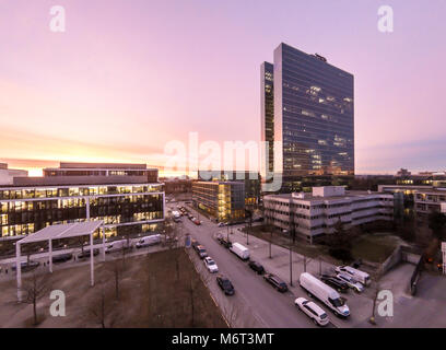 Aerial of Business Skyscrapers during sunrise. Stock Photo