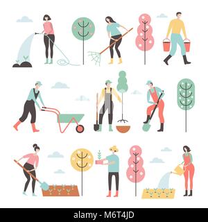People working in garden design elements and icons in flat style. Stock Vector