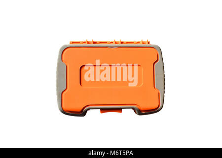 Closeup of gray and orange tool box or hard case isolated on white background. Stock Photo