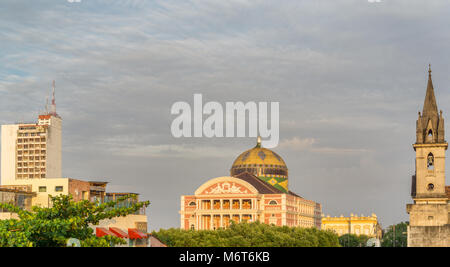 MANAUS - AUG 10: Amazonas Theatre on a sunny day on August 10, 2014 in Manaus, Brazil. The opera house was built when fortunes were made in the rubber boom. Stock Photo