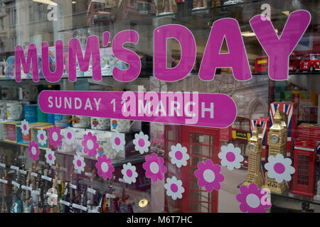 A Mum's Day message in the window of a trinket and card shop on the Strand, on 5th March 2018, in London, England. Stock Photo