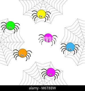 Seamless texture of cartoon multicolored spiders and webs. Vector seamless texture for children, fabric, wrapper and more. Stock Vector