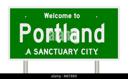 Rendering of a green highway sign for sanctuary city Portland Oregon Stock Photo