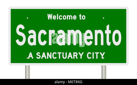 Rendering of a green highway sign for sanctuary city Sacramento California Stock Photo