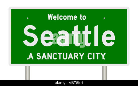 Rendering of a green highway sign for sanctuary city Seattle Washington Stock Photo