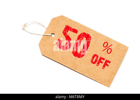 fifty percent off discount - a paper price tag on white background. Stock Photo
