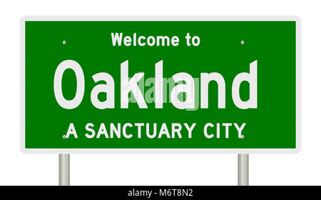 Rendering of a green highway sign for sanctuary city Oakland Stock Photo