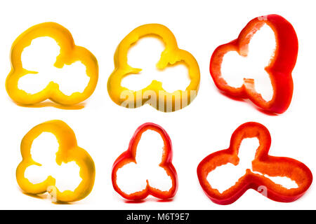Set of sliced red, yellow bell pepper section pieces isolated over white background. Stock Photo