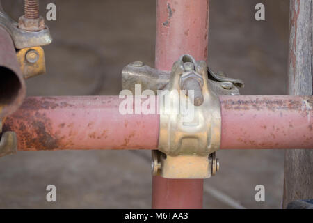 scaffolding joint on construction site, Construction clamp. Stock Photo