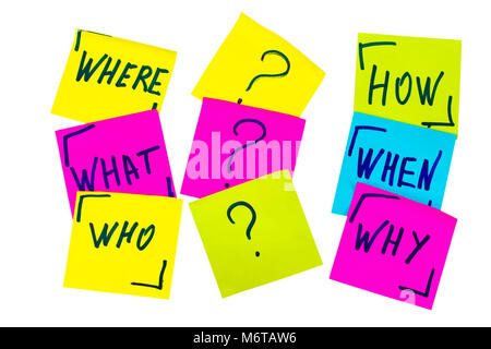 who, why, how, what, when and where questions - uncertainty, brainstorming or decision making concept, a set of isolated colorful sticky notes. Stock Photo