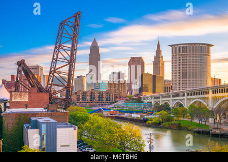 Cleveland, Ohio, USA city skyline over the Cuyahoga River. Stock Photo