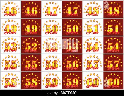 Set of gold numbers from 46 to 60 and the word of the year decorated with a circle of stars. Vector illustration. Translated from Spanish - Years Stock Vector