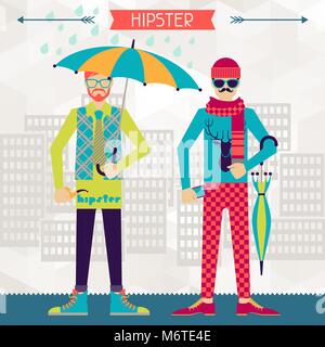 Two hipsters on urban background in retro style Stock Vector