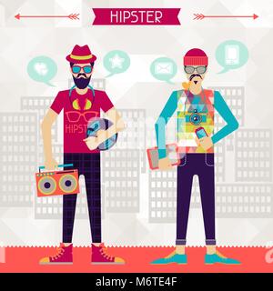 Two hipsters on urban background in retro style Stock Vector