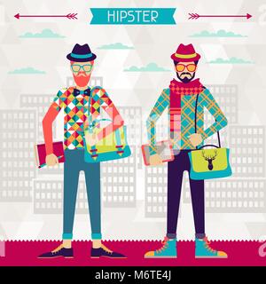 Two hipsters on urban background in retro style Stock Vector