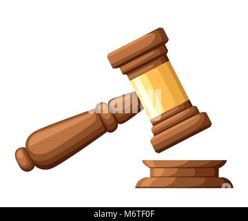 Judge wood hammer. Gavel in cartoon style. Ceremonial mallet for auction, judgment. Vector illustration isolated on white background. Web site page an Stock Vector