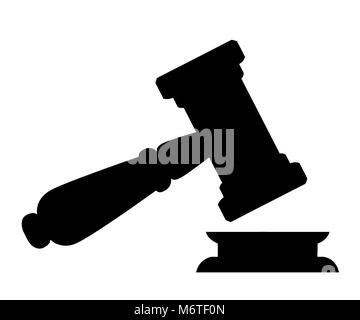 Black silhouette of judge wood hammer. Gavel in cartoon style. Ceremonial mallet for auction, judgment. Vector illustration isolated on white backgrou Stock Vector