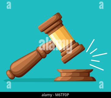 Judge wood hammer. Gavel in cartoon style. Ceremonial mallet for auction, judgment. Vector illustration isolated on turquoise background. Web site pag Stock Vector