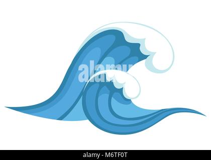 Tsunami wave. Big blue sea wave in cartoon style. Cataclysm color icon. Vector illustration isolated on white background. Web site page and mobile app Stock Vector