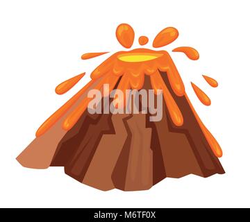 Volcano eruption with hot lava illustration. Geological disasters in cartoon style. Cataclysm color icon. Vector illustration isolated on white backgr Stock Vector