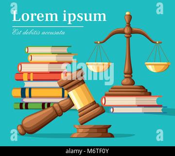 Concept justice in cartoon style. Justice scales and wooden judge gavel. Law hammer sign with books of laws. Legal law and auction symbol. Vector illu Stock Vector