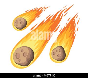 Flame meteorite. Meteor rain fall on planet in cartoon style. Cataclysm color icon. Vector illustration isolated on white background. Web site page an Stock Vector