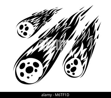 Silhouette of flame meteorite. Meteor rain fall on planet in cartoon style. Cataclysm icon. Vector illustration isolated on white background. Web site Stock Vector