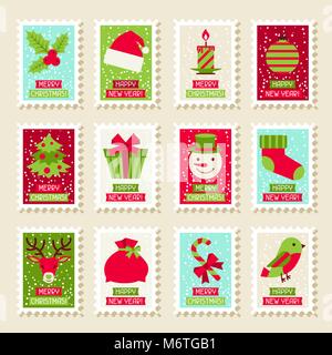 Set of postal stamps with Christmas and New Year symbols Stock Vector