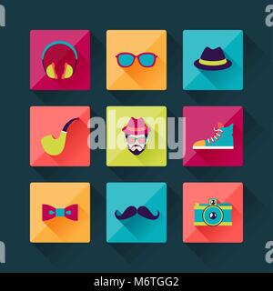 Set of hipster icons in flat design style Stock Vector