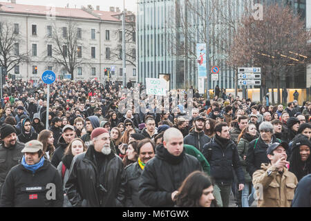 MILAN, ITALY - FEBRUARY 24: Thousands of anti-fascist activists march in the city streets to protest agaist the extreme right FEBRUARY 24, 2018 in Mil Stock Photo