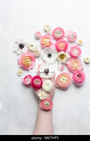 Overhead view of pink and white spring flowers on a white backdrop, and one hand holding flowers Stock Photo